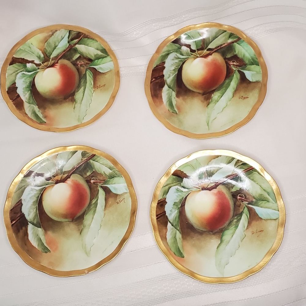 Firenze Ware Italy 4 Signed, Ginore Hand Painted Peaches Pure Roman gold trim